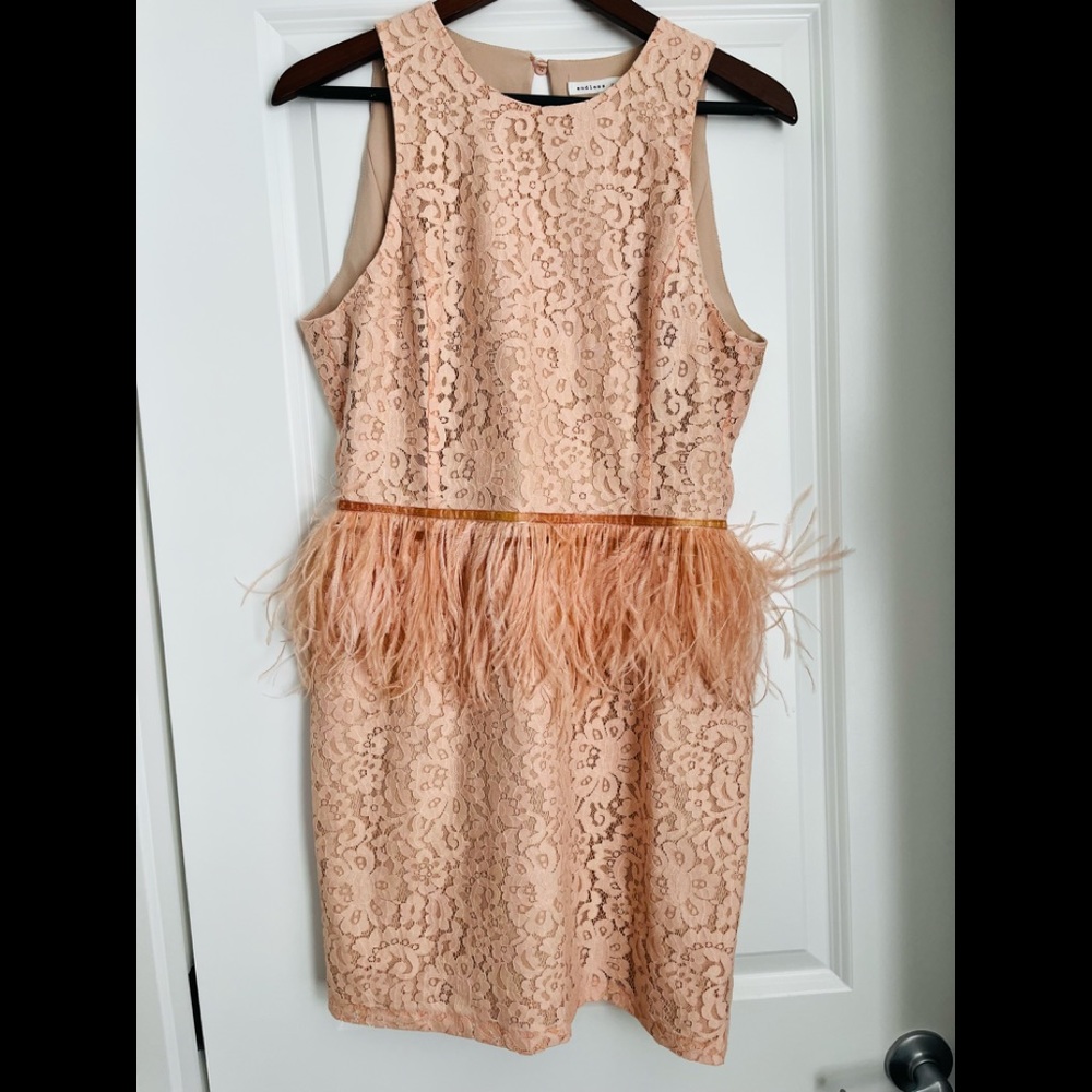 REVOLVE lace feather peplum dress in nude